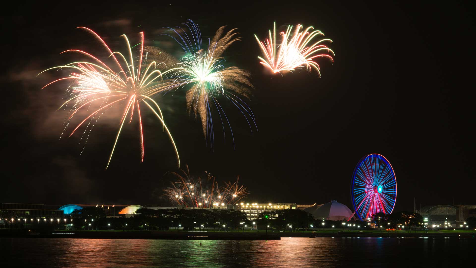 Fireworks over Navy Pier and Lake Michigan.