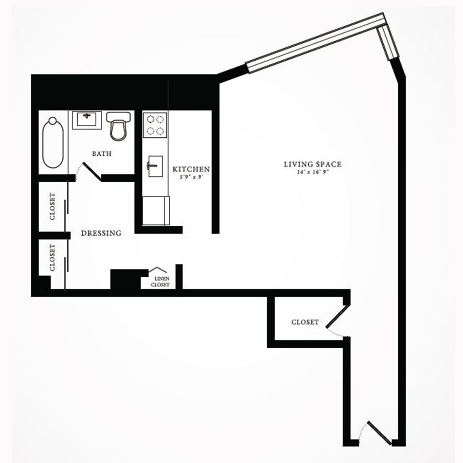 Rendering of the Tier 06 floor plan with a Studio bedroom and 1 bathroom[s] at 1350northlakeshore