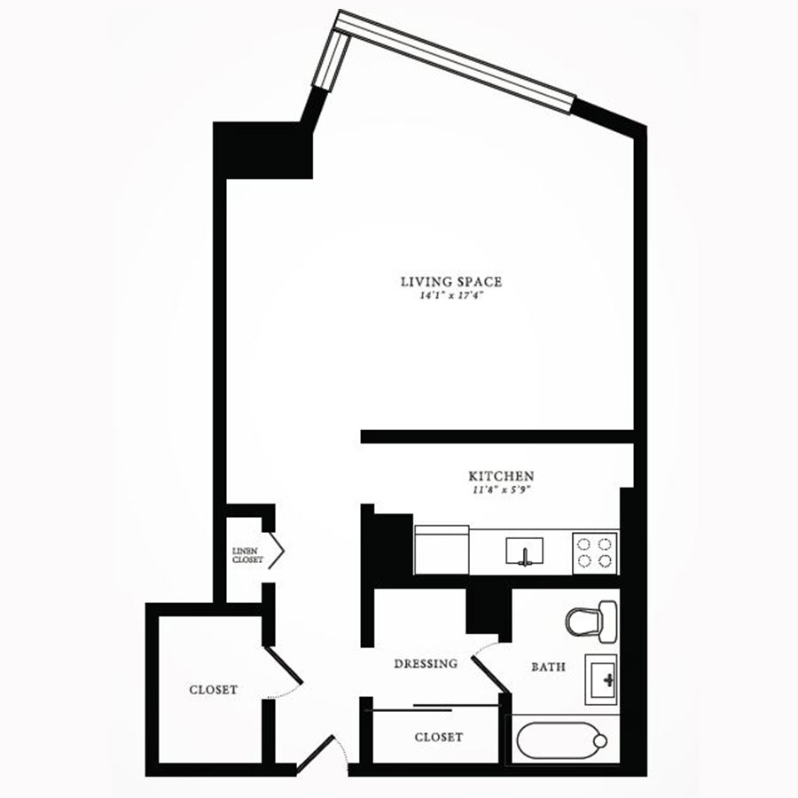 Rendering of the Tier 16 floor plan with a Studio bedroom and 1 bathroom[s] at 1350northlakeshore