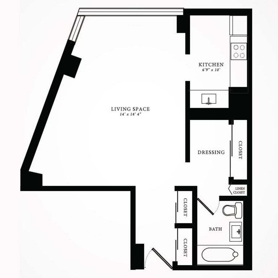 Rendering of the Tier 01 floor plan with a Studio bedroom and 1 bathroom[s] at 1350northlakeshore