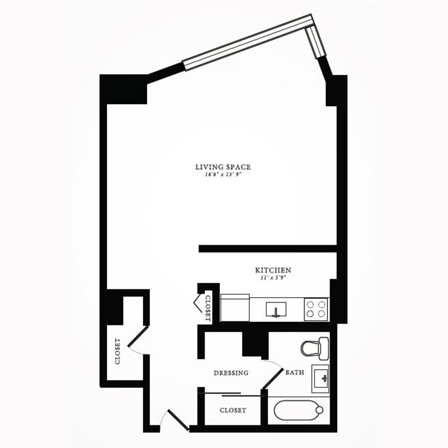 Rendering of the Tier 19 floor plan with a Studio bedroom and 1 bathroom[s] at 1350northlakeshore