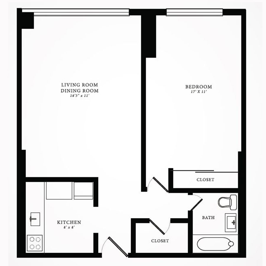 Rendering of the 1 BD Penthouse floor plan with 1 bedroom[s] and 1 bathroom[s] at 1350northlakeshore