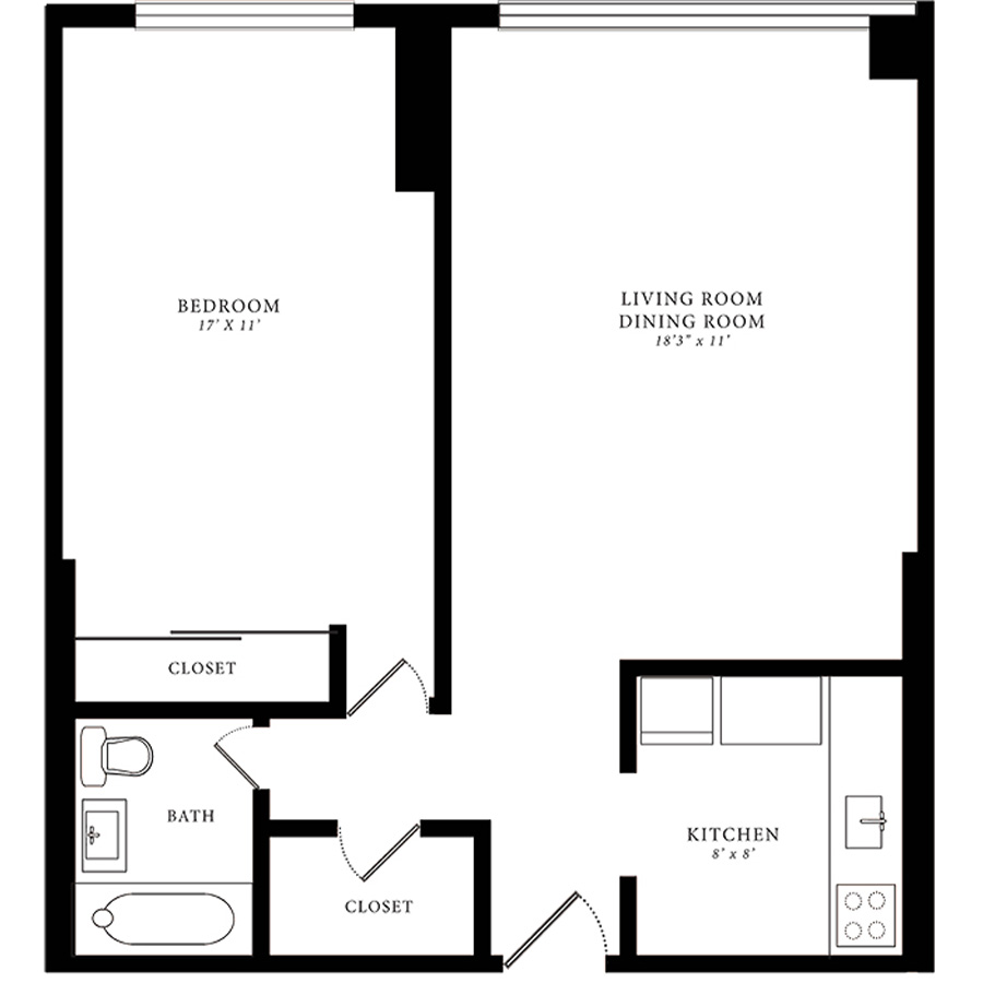 Rendering of the Tier 11 floor plan with 1 bedroom[s] and 1 bathroom[s] at 1350northlakeshore