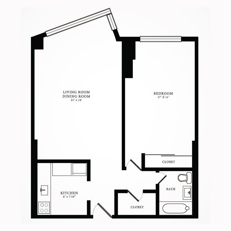 Rendering of the Tier 02 floor plan with 1 bedroom[s] and 1 bathroom[s] at 1350northlakeshore