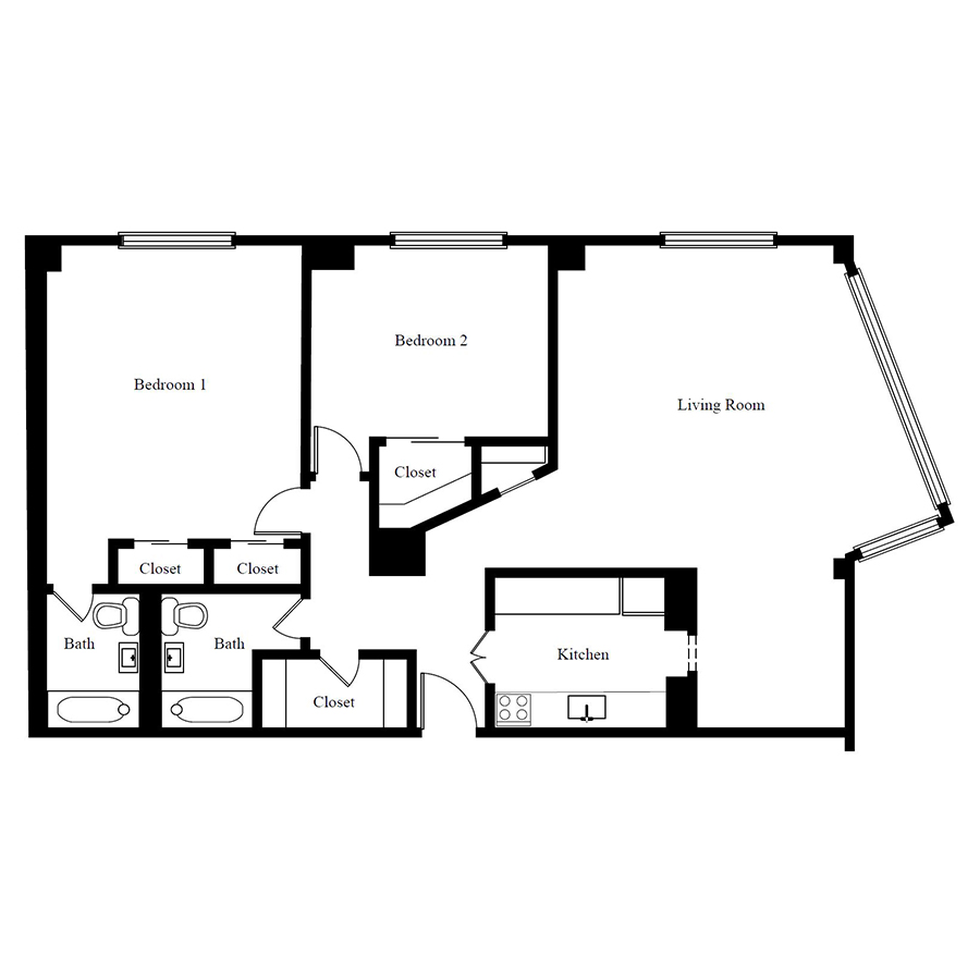 Rendering of the 2 BD Penthouse floor plan with 2 bedroom[s] and 2 bathroom[s] at 1350northlakeshore