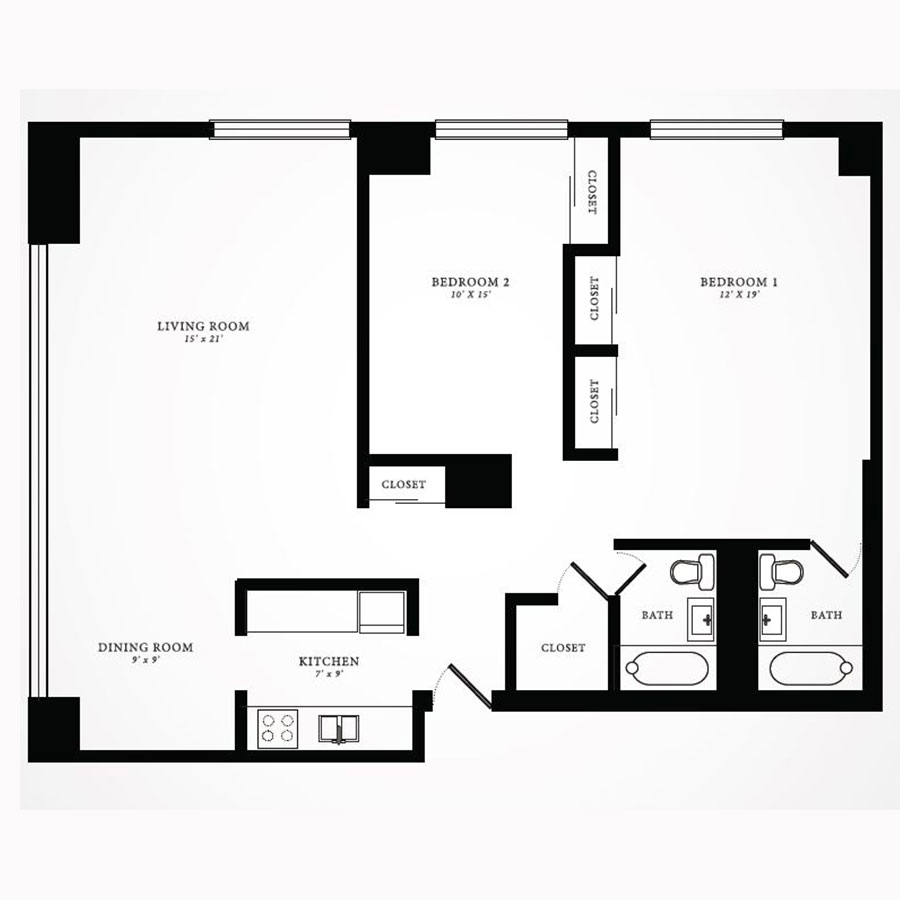 Rendering of the Tier 14 floor plan with 2 bedroom[s] and 2 bathroom[s] at 1350northlakeshore